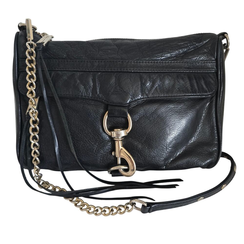 Rebecca Minkoff Black Leather Chain-Link Crossbody Bag Studs Tassel M.A.C